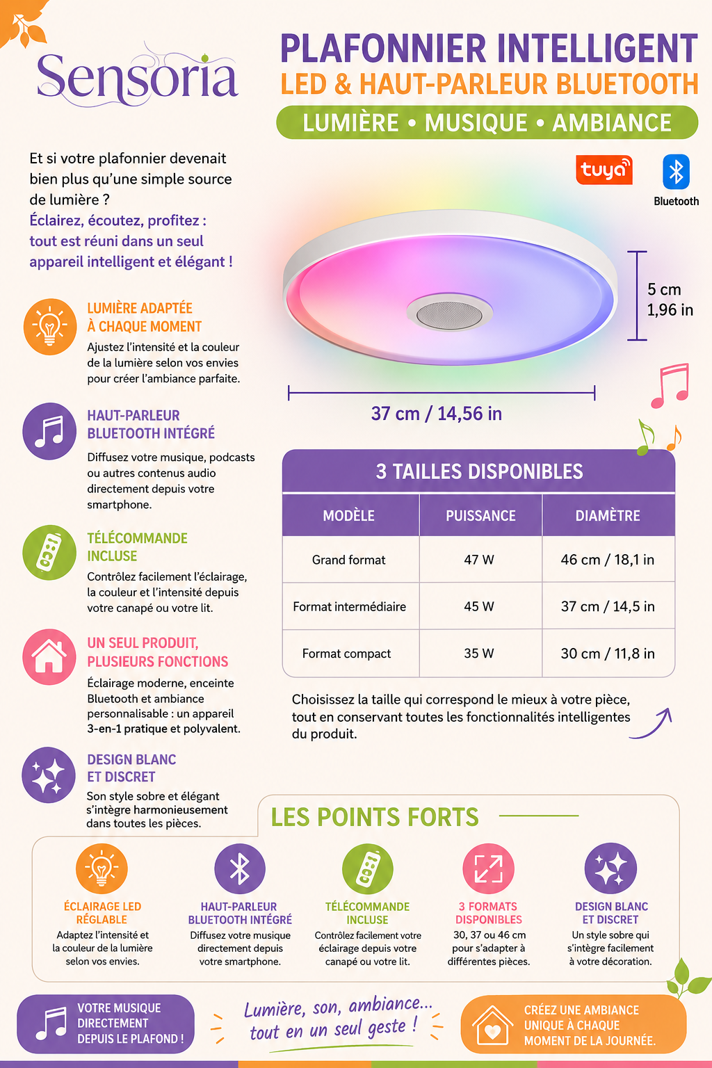 Plafonnier intelligent - Led et Haut-parleur Bluetooth - (3 tailles)