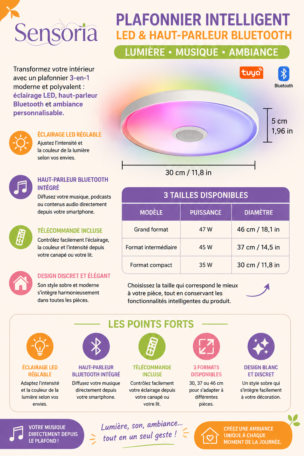 Plafonnier intelligent - Led et Haut-parleur Bluetooth - (3 tailles)
