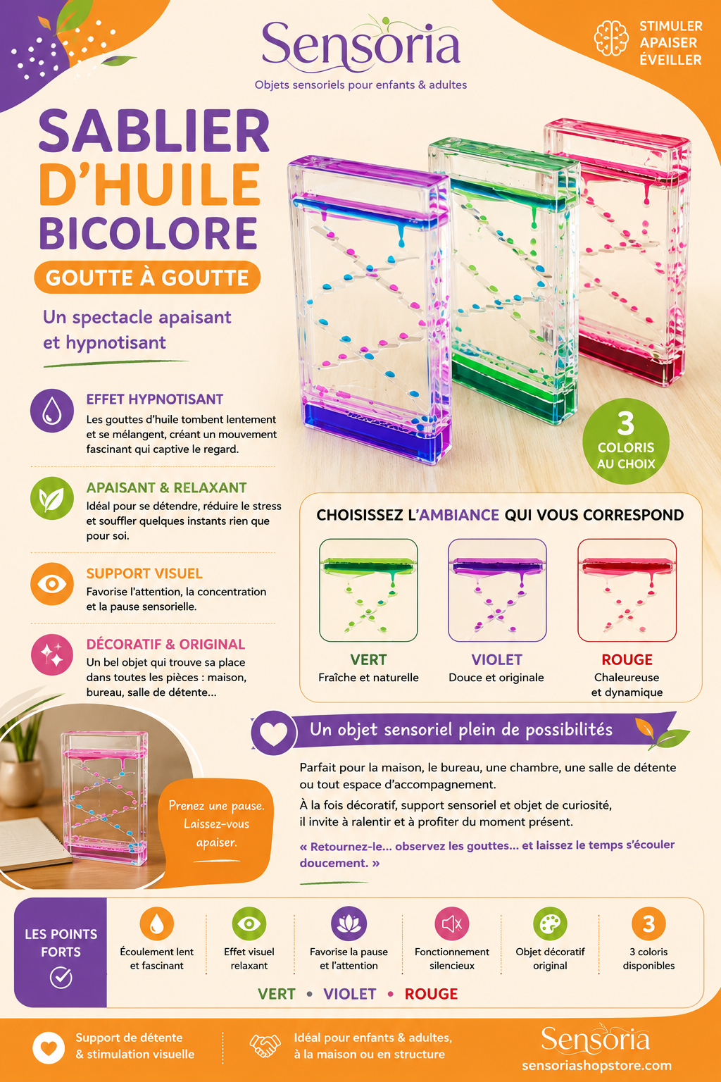 Sablier d'huile bicolore - Goûtte à goûtte